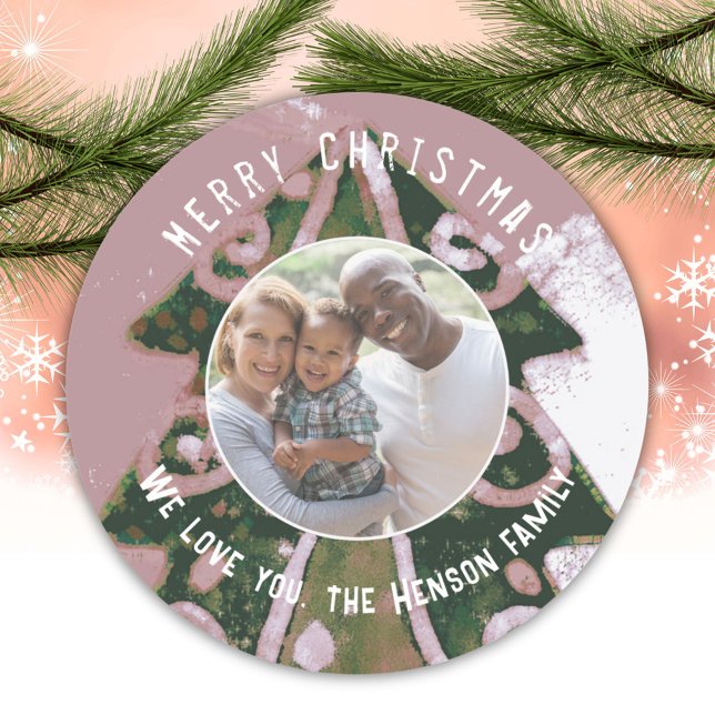 Christmas Tree Artistic Green Pink Family Photo Classic Round Sticker (Creator Uploaded)