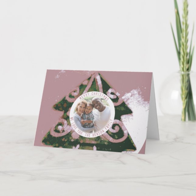 Christmas Tree Artistic Green Pink Family Photo Holiday Card (Front)