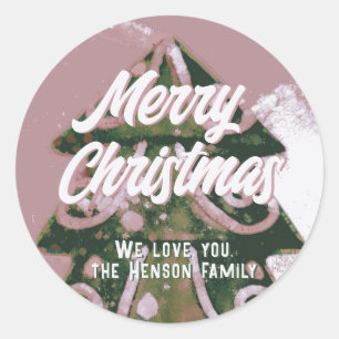 Christmas Tree Artistic Green Pink Merry Script Classic Round Sticker