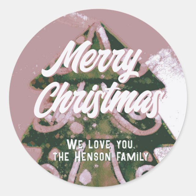 Christmas Tree Artistic Green Pink Merry Script Classic Round Sticker (Front)