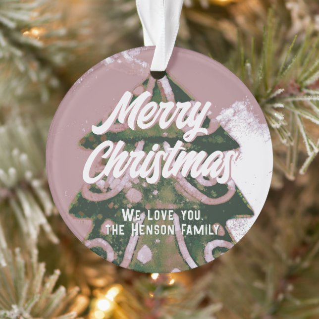 Christmas Tree Artistic Green Pink Merry Script Ornament (Tree)