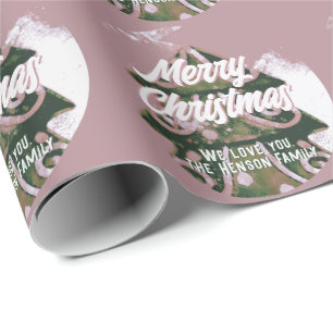 Christmas Tree Artistic Green Pink Merry Script  Wrapping Paper
