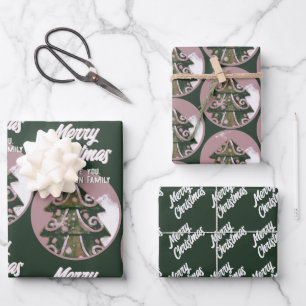Christmas Tree Artistic Green Pink Merry Script Wrapping Paper Sheet