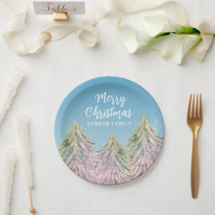 Christmas Tree Artistic Pink Green Watercolor  Paper Plate