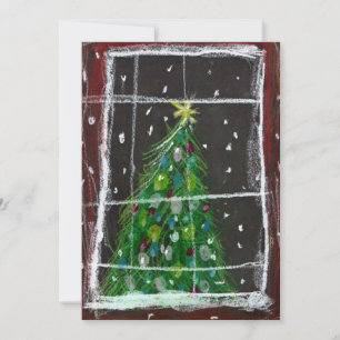 Christmas Tree At Window At Night Snowing Lights Holiday Card