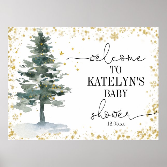 Christmas Tree Baby Shower Welcome Sign Gold (Front)