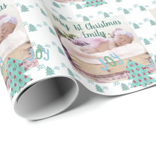 Christmas Tree Babys First PHOTO Gift Turquoise Wrapping Paper