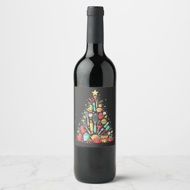 Christmas Tree Baking Chef Cook Xmas  Wine Label (Front)