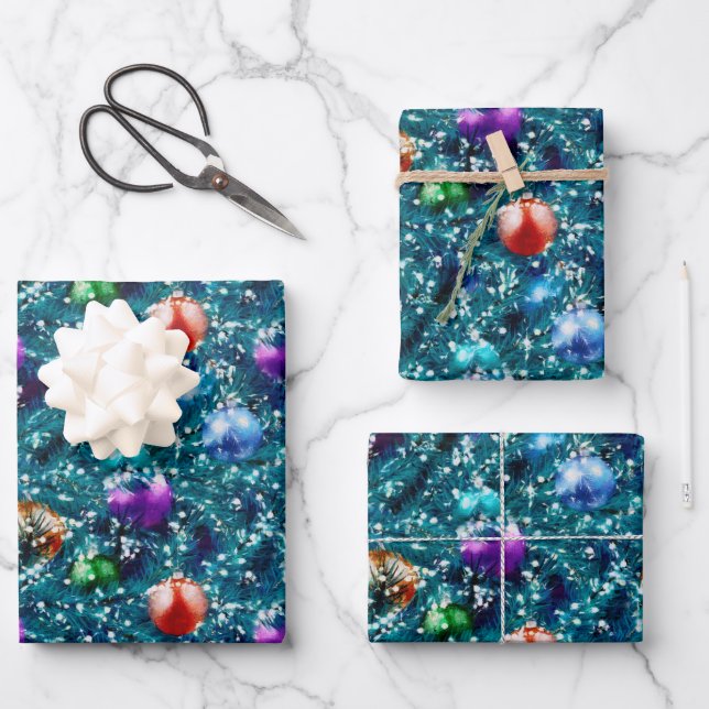 Christmas Tree Balls Pattern Wrapping Paper Sheet (Front)