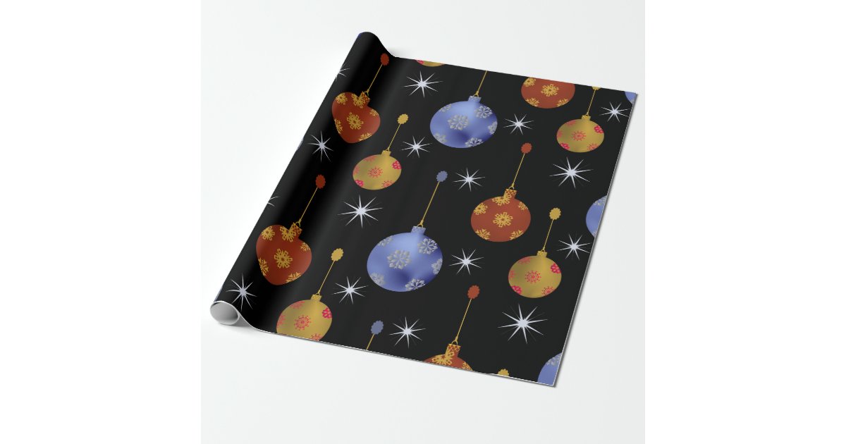 Christmas tree balls, red, blue, yellow, and snow wrapping paper Zazzle