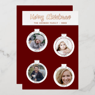 Christmas Tree Balls Red Family Photo Collage Foil Holiday Card