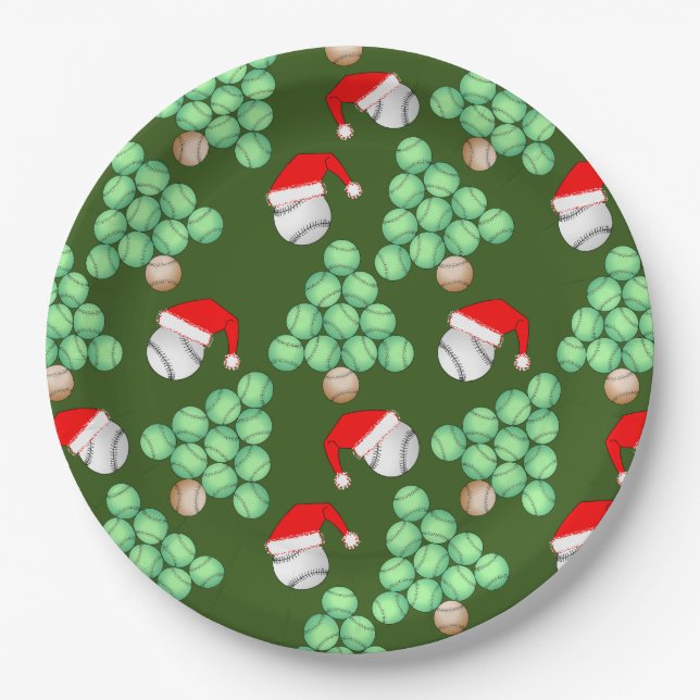 Christmas Tree Baseball Santa Hats Paper Plate (Front)