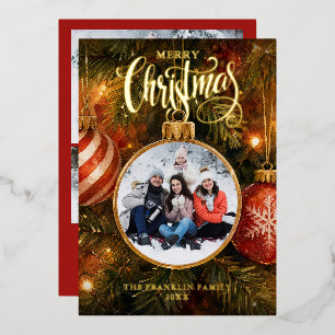 Christmas Tree Baubles 4 Photo Collage Foil Holiday Card