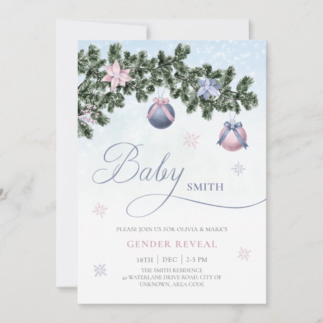 Christmas Tree Baubles Winter Gender Reveal Invitation (Front)