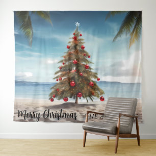 Christmas Tree Beach Holiday Photo Backdrop Tapestry