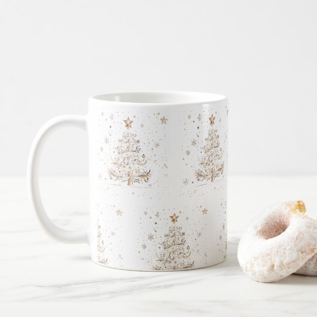 Christmas Tree Beige Seamless Pattern Coffee Mug (With Donut)