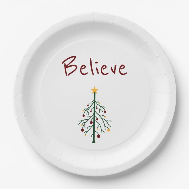 Christmas Tree Believe Festive  Paper Plate (Front)