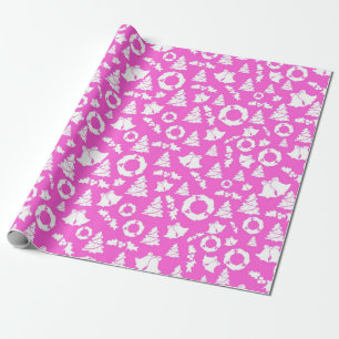 Christmas Tree Bells Wreath Holly Pink Wrapping Paper