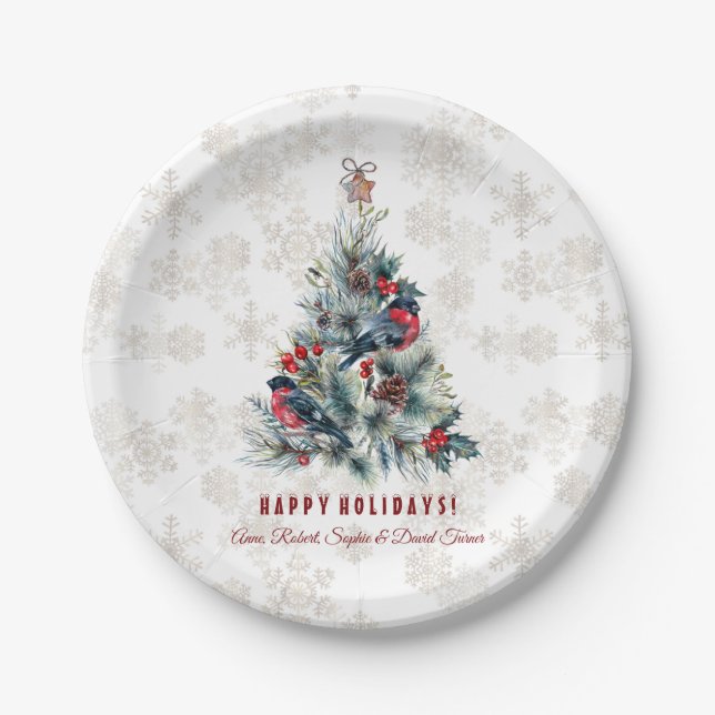 Christmas Tree Berries Holiday Wishes Monogram Paper Plate (Front)