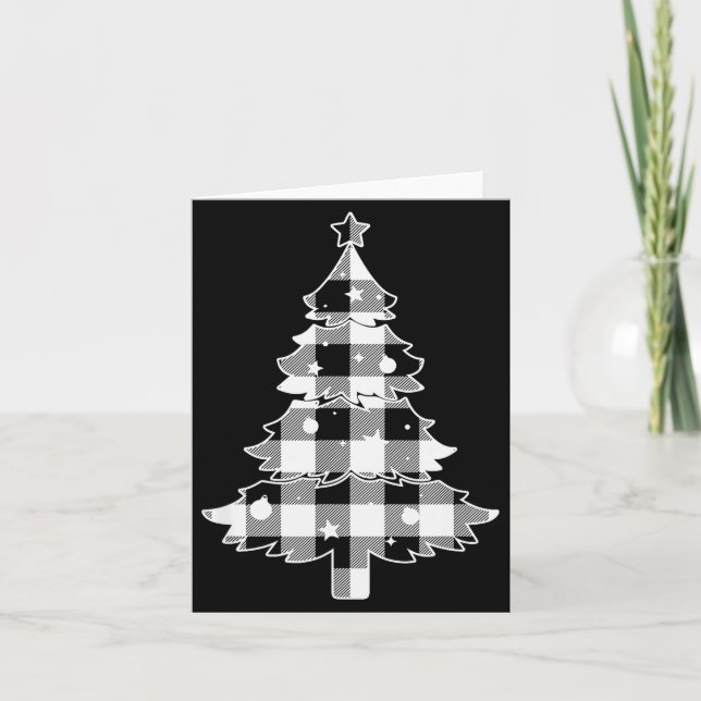 Christmas Tree Black &amp; White Buffalo Plaid Mer Card (Front)