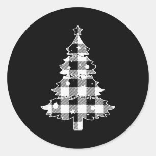 Christmas Tree Black & White Buffalo Plaid Mer Classic Round Sticker