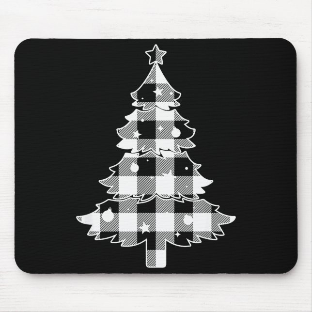 Christmas Tree Black &amp; White Buffalo Plaid Mer Mouse Mat (Front)