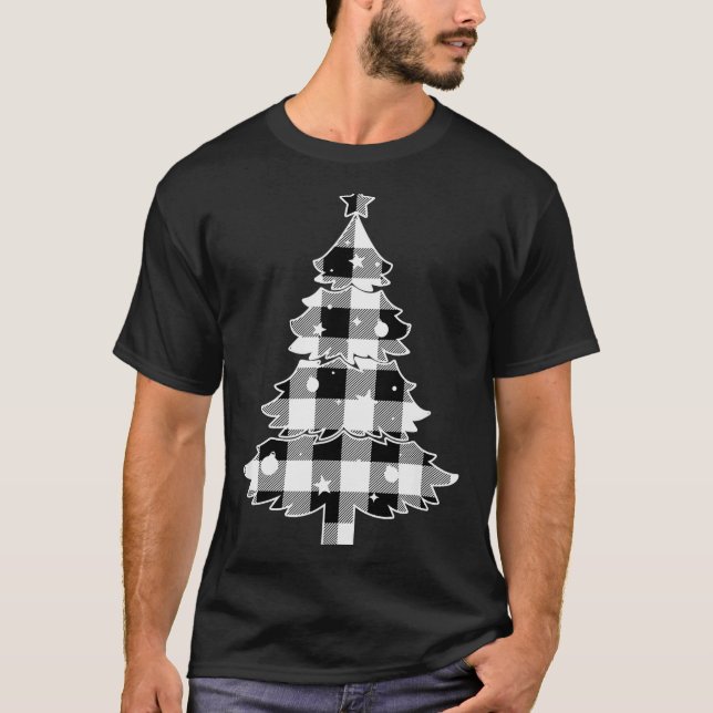 Christmas Tree Black &amp; White Buffalo Plaid Mer T-Shirt (Front)