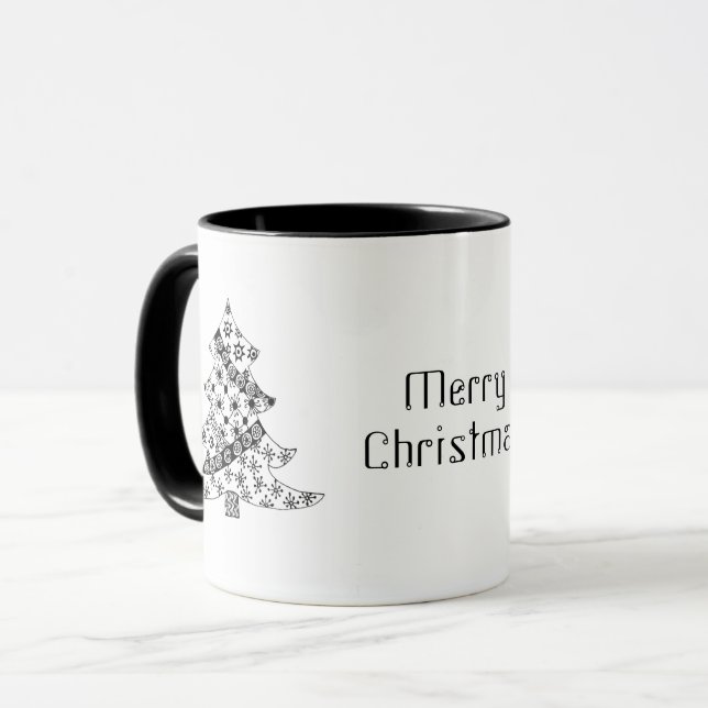 Christmas Tree Black and White Holiday Mug (Front Left)