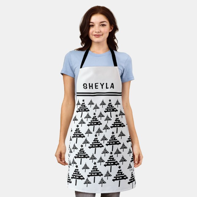 Christmas Tree Black and White Pattern Name Apron (Worn)
