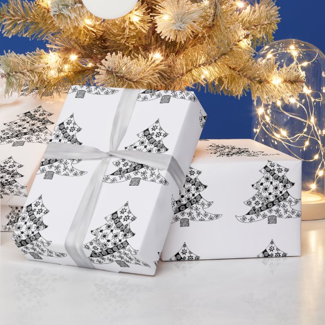 Christmas Tree Black and White Pattern Wrapping Paper (Holidays)