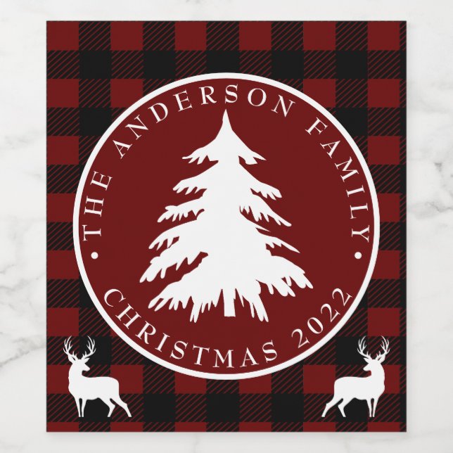 Christmas Tree Black & Red Plaid Personalised Wine Label (Single Label)