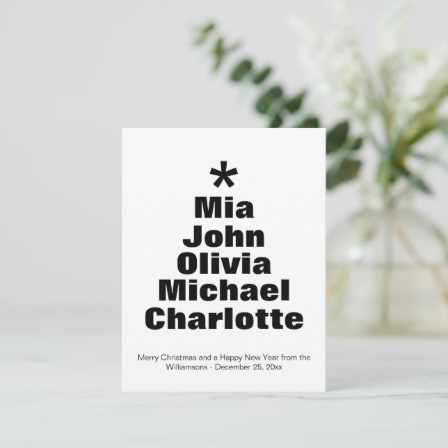 Christmas tree black white custom names card (Standing Front)