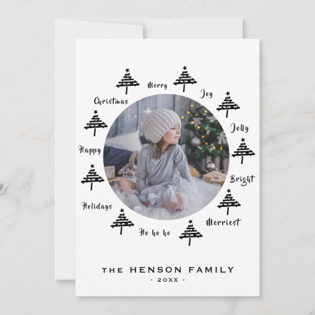 Christmas Tree Black & White Merry Family Photo Ho Holiday Card (Front)
