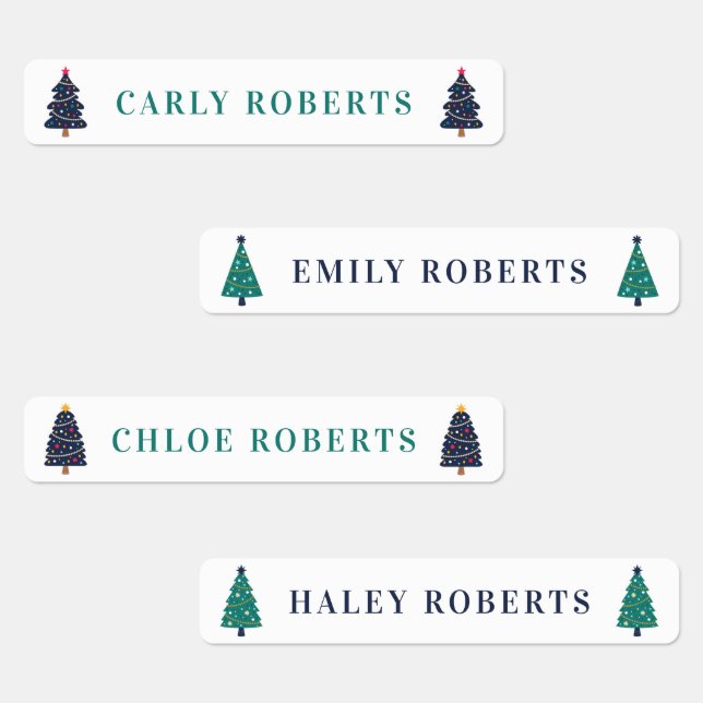 Christmas Tree Blue Kids Name Waterproof Labels (Group)