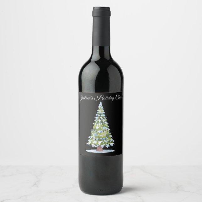 Christmas Tree Blue Lights Custom Christmas Wine Label (Front)