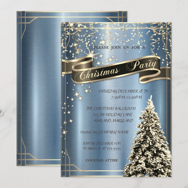 Christmas Tree Blue Metallic Company Christmas  Invitation (Front/Back)