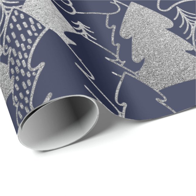 Christmas Tree Blue Navy Silver Gray Glitter Wood Wrapping Paper (Roll Corner)