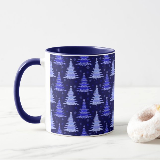 Christmas Tree Blue Pattern Design Mug (With Donut)