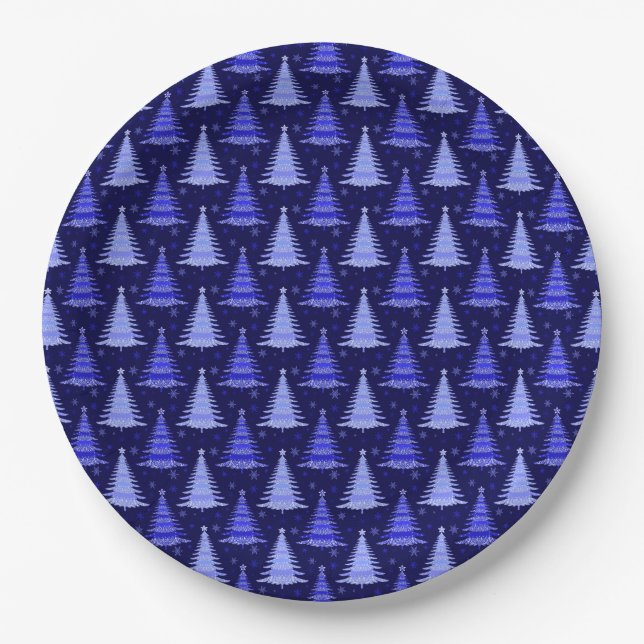 Christmas Tree Blue Pattern Design Paper Plate (Front)