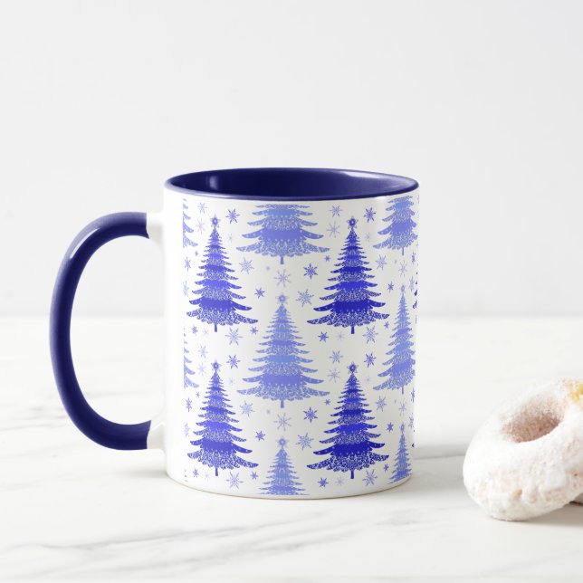 Christmas Tree Blue Periwinkle Pattern Design Mug (With Donut)