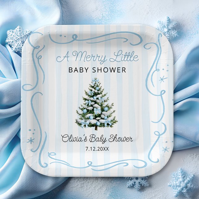 Christmas Tree Blue Winter Baby Shower Paper Plate (Creator Uploaded)