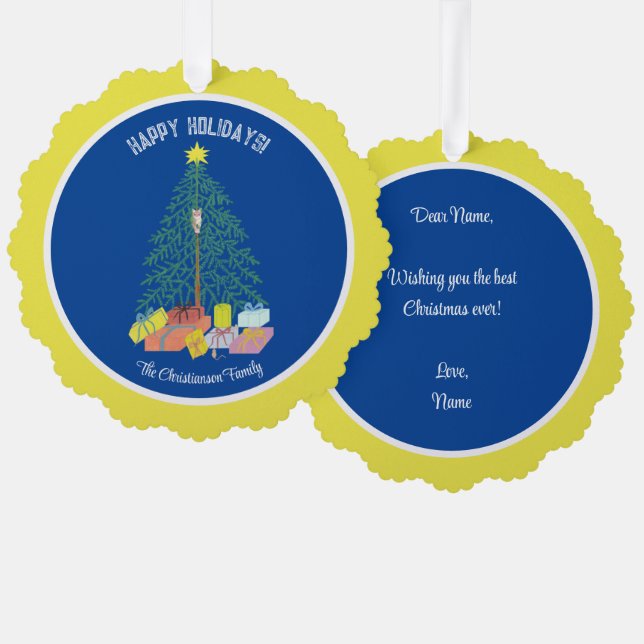 Christmas Tree Blue & Yellow Paper Ornament Card (Front/Back)