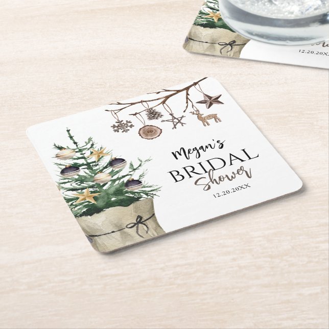 Christmas Tree | Boho Winter Bridal Shower Square Paper Coaster (Angled)