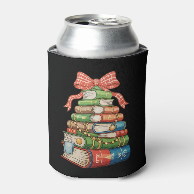 Christmas Tree Books Bow Reading Librarian Teacher Can Cooler (Can Front)