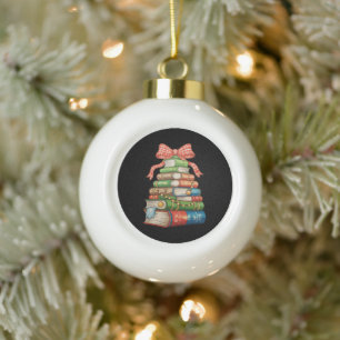 Christmas Tree Books Bow Reading Librarian Teacher Ceramic Ball Christmas Ornament