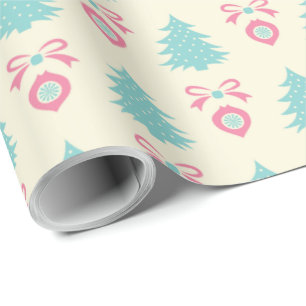 Christmas Tree, Bow & Bauble Pattern Pastel Colour Wrapping Paper