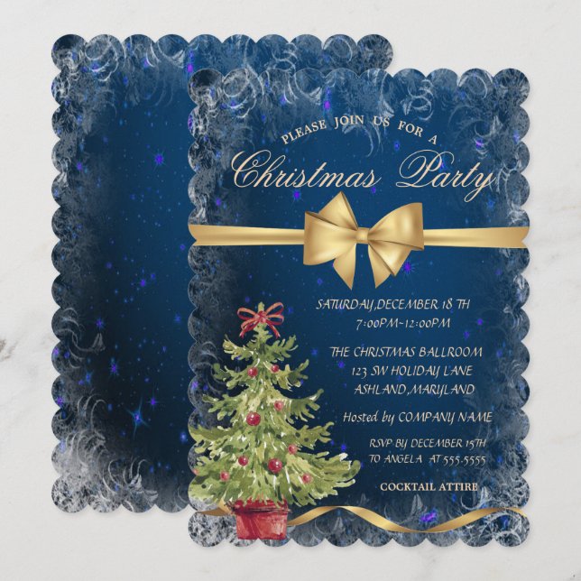 Christmas Tree,Bow,Blue Corporate Party Invitation (Front/Back)