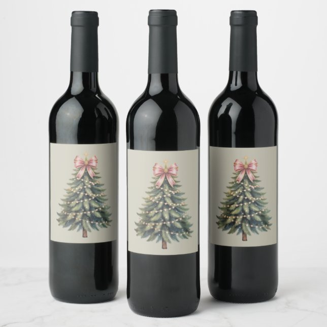 Christmas Tree Bow Coquette Xmas Wine Label (Bottles)