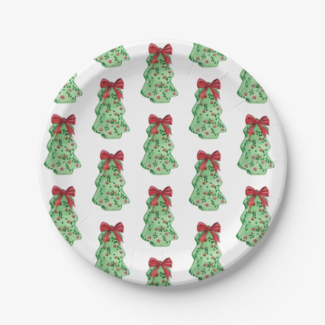 Christmas tree bow desert holiday green red  paper plate (Front)