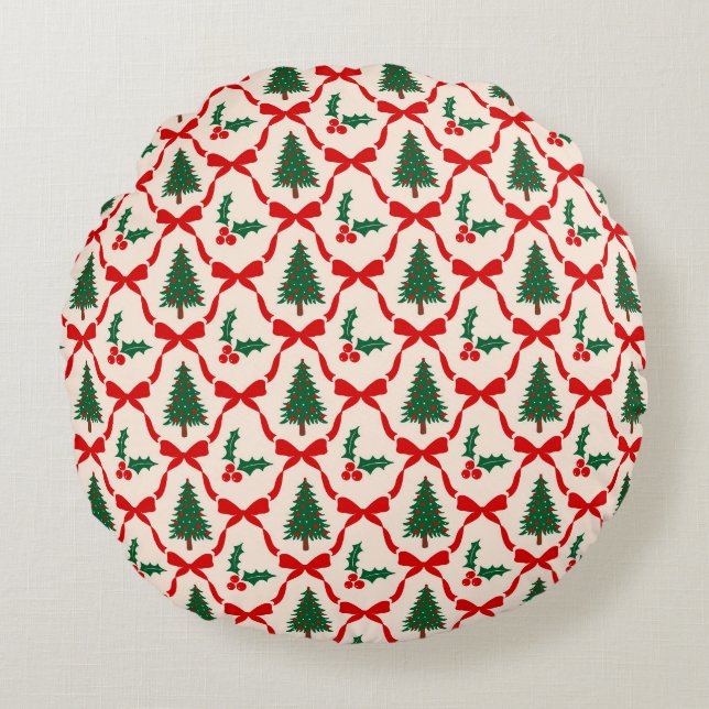 Christmas Tree & Bow Pattern Round Pillow (Front)